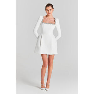 Nadine Merabi White Kimberly Embellished Rhinestone Long Sleeve Minidress US 8
